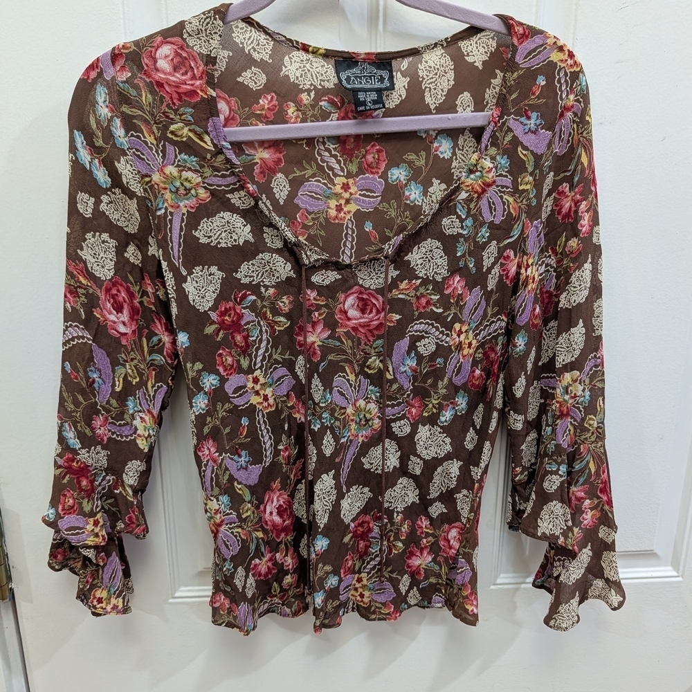 Angie Y2K Sheer Brown Bell Sleeve Top